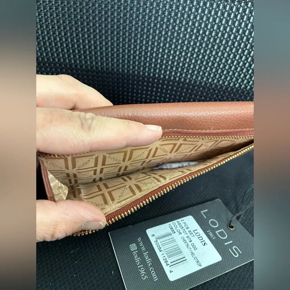 NWT Lodis 2-Piece Purple Leather Card Holder Chestnut Brown Slim Wallet